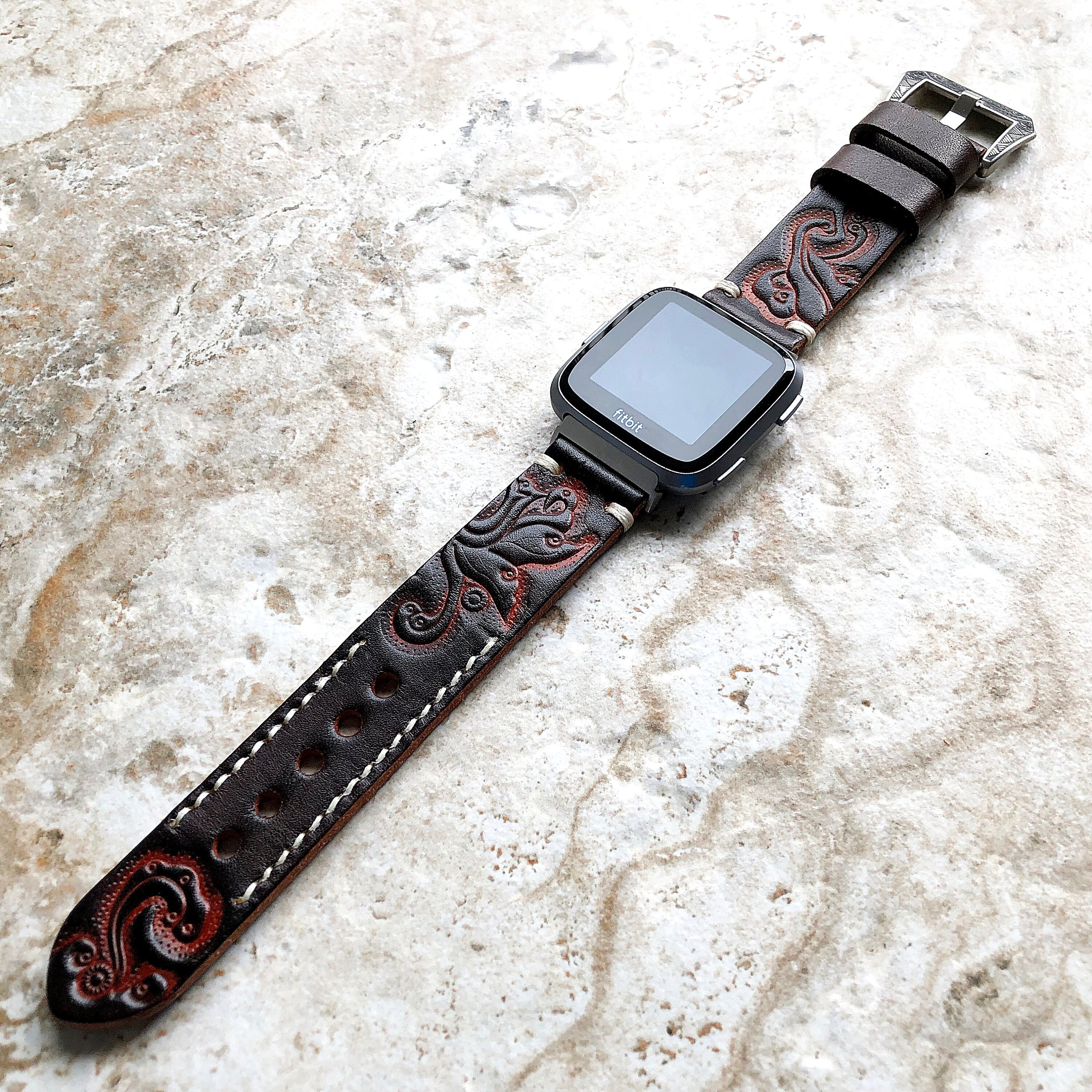 Band for Fitbit Versa 2 3 4 Sense 2 Dark Brown Tooled Embossed Leather Bracelet Watch Strap Quick Release Adapters Silver Rose Gold Black